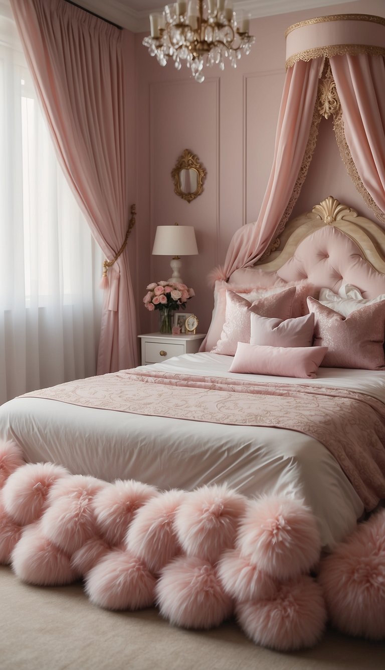 A fluffy pink rug lies in the center of a princess-themed bedroom, surrounded by glittering tiaras, soft pillows, and delicate lace curtains