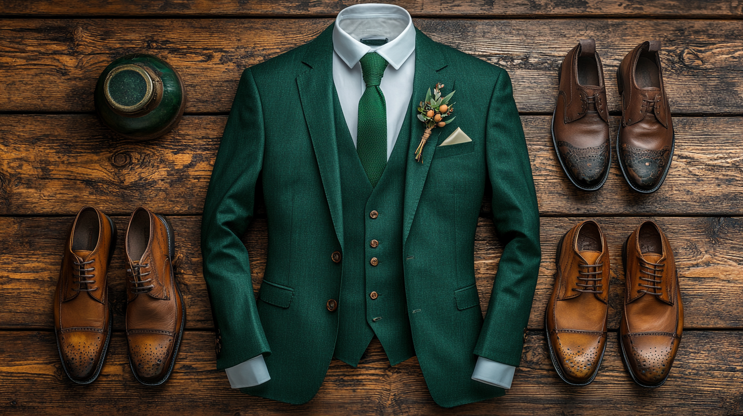 A deep dark green suit, matched with a white shirt, green tie, and brown leather shoes, laid out on a textured wooden surface. The earthy green color blends beautifully with the rough texture of the wood, making this a perfect outfit for a rustic or outdoor wedding.