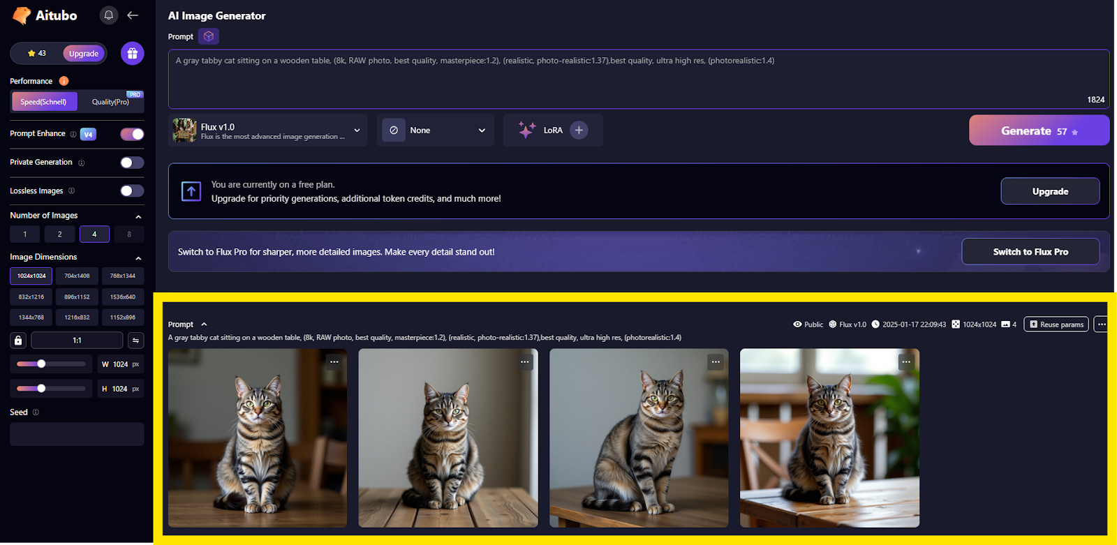 Aitubo AI image generator showing four variations of a gray tabby cat on a wooden table with customization options.