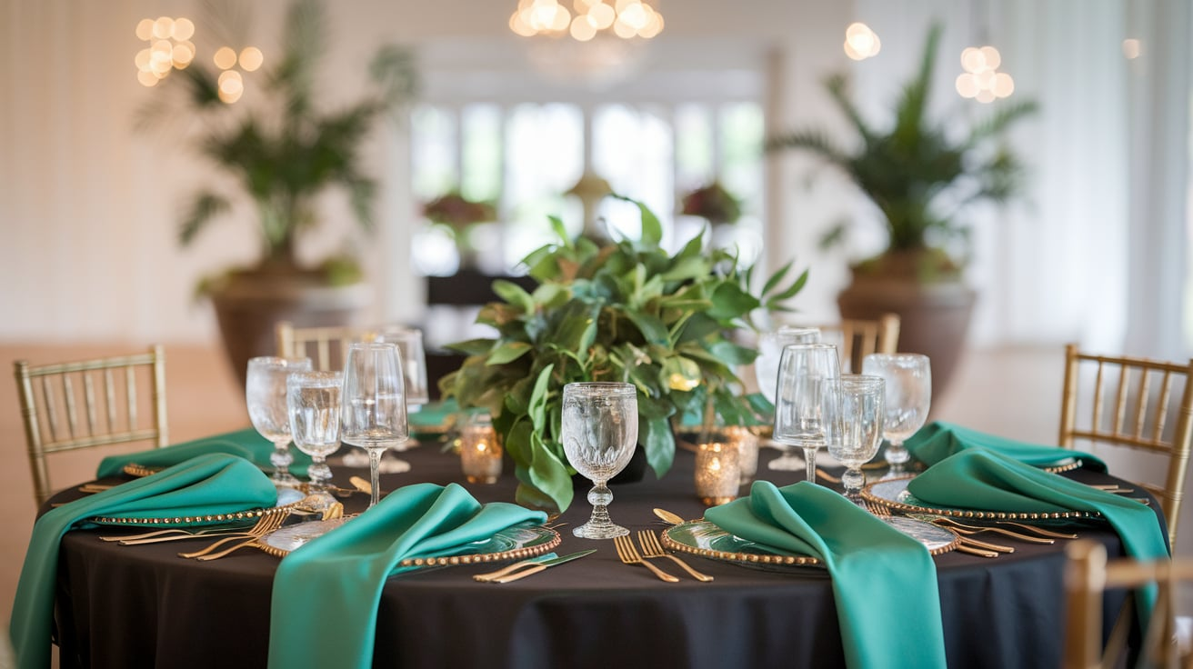 Black table cloth green waterfall napkins gold charger