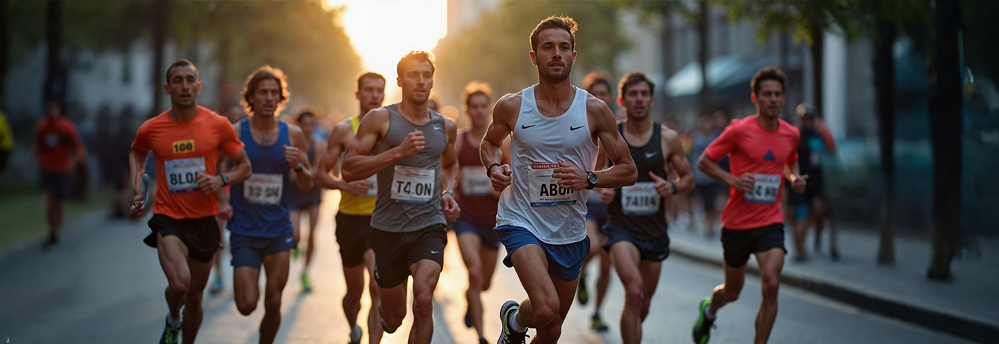 Marathon runners race at sunrise on a city street with their gear essentials and determination visible as they push forward.