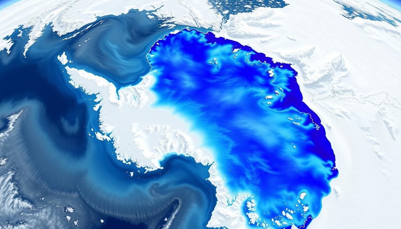Satellite view of the East Antarctic Plateau showing the coldest region on Earth with temperature readings overlay