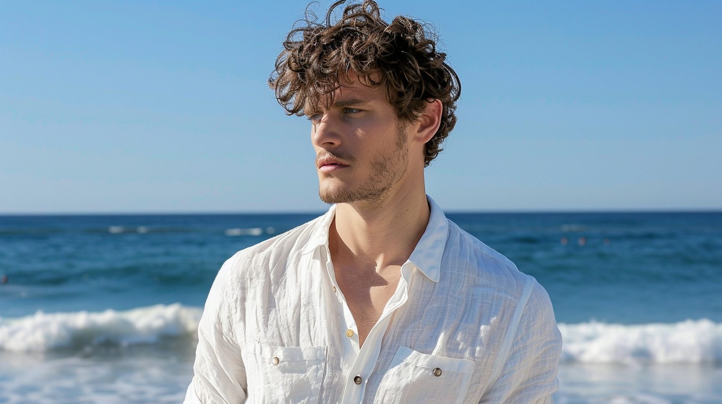 Man wearing a white or pastel linen shirt, open collar, lightweight and breathable fabric, styled for a beach or summer outdoor event.