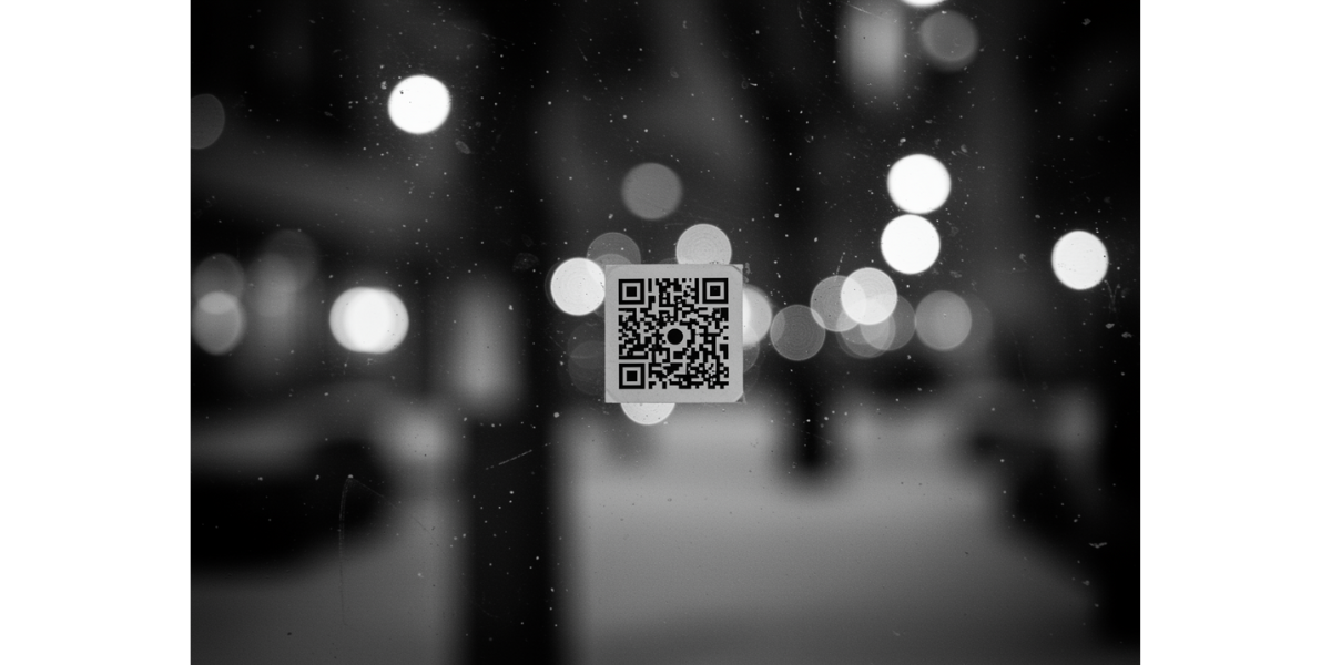 A QR Code on a window pane of a shopping store.