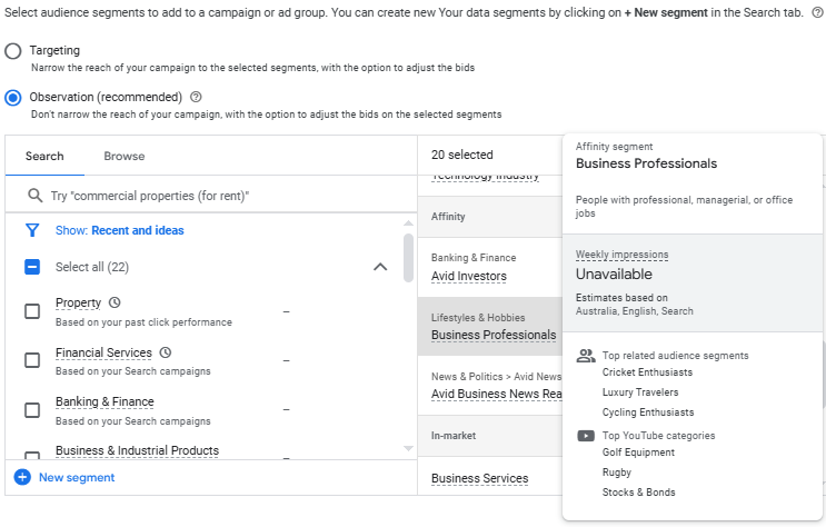 Custom audience segments in search campaigns