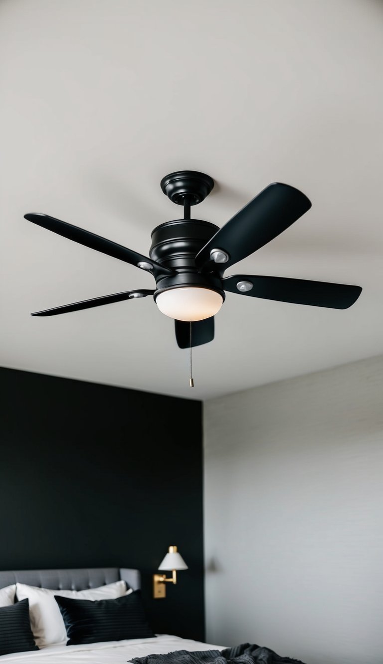 A black and silver ceiling fan spins above a modern black and gray bedroom