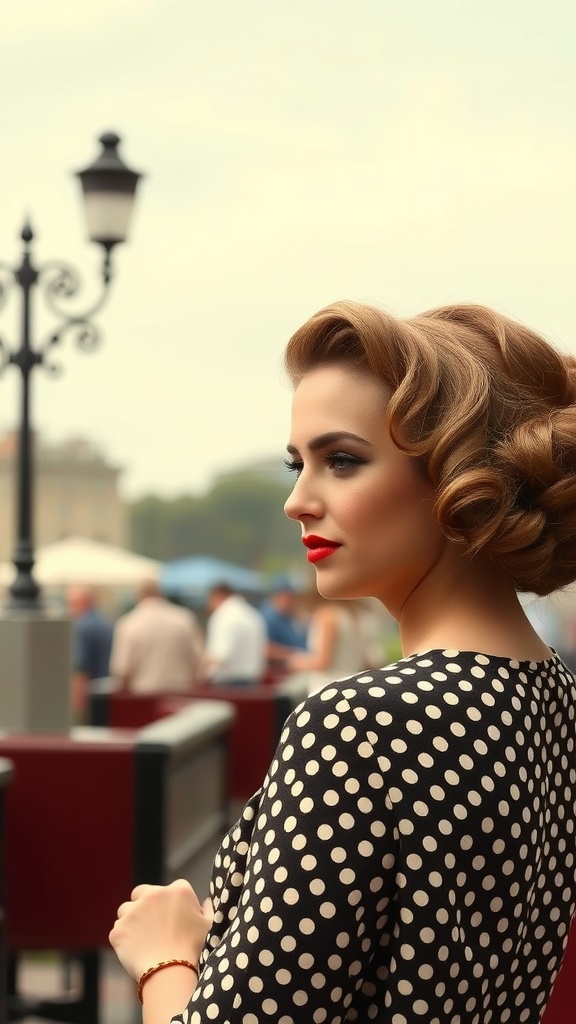 A woman sporting vintage-inspired finger waves hairstyle, dressed in a polka dot outfit with a bold red lip.