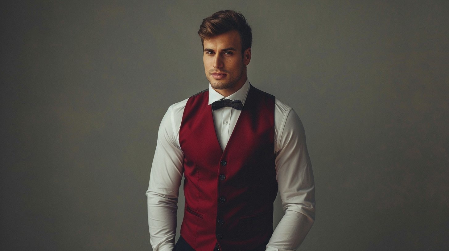 A stylish man wearing a single-breasted red vest with one row of buttons, paired with a white dress shirt and dark trousers. The look is sleek, semi-formal, suitable for both business and events. Neutral background with soft lighting, editorial fashion style