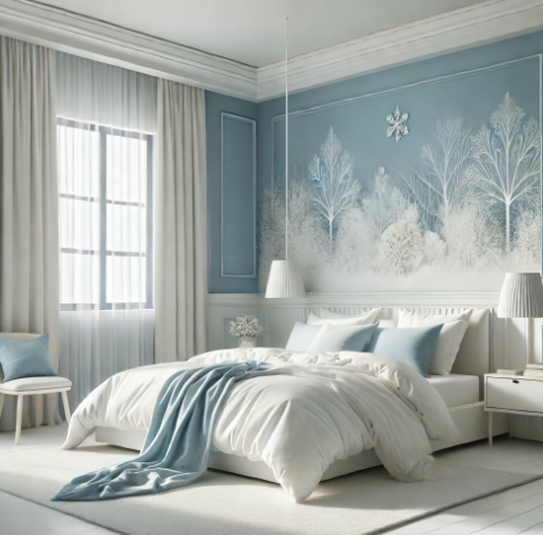 Crisp and cool bedroom in icy blue and white, resembling a winter wonderland.
