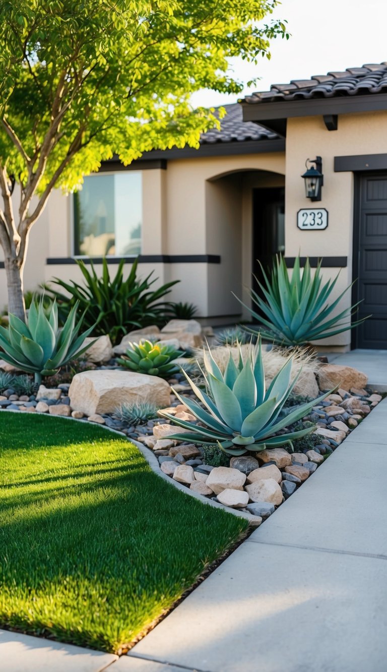 A front yard with Bermuda Grass 23, surrounded by drought-tolerant landscaping featuring rocks, succulents, and native plants