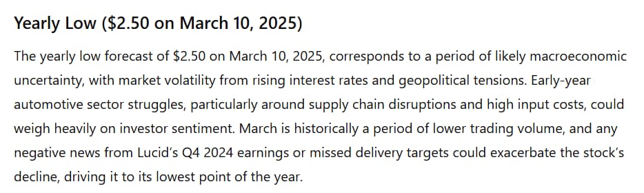 AI forecasts when Lucid will hit its lowest price in 2025.