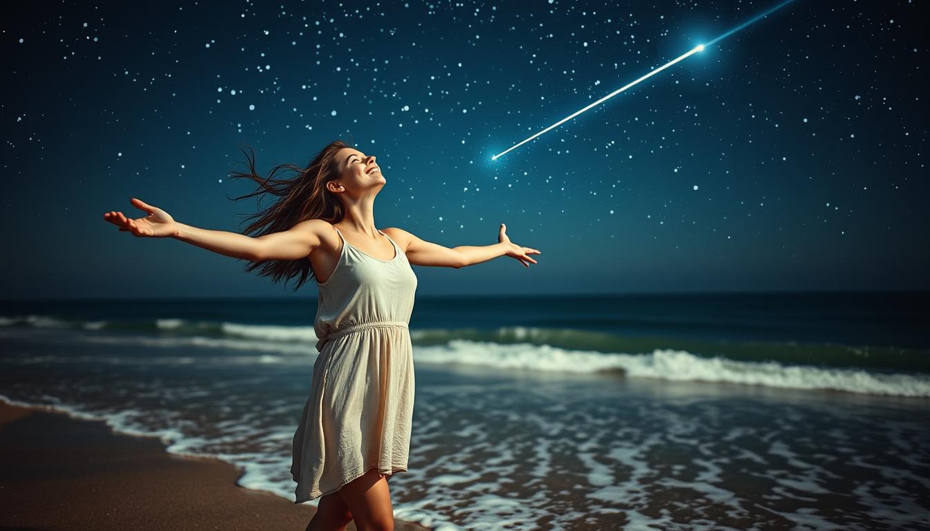 An image of a young woman standing on the shore of a beach at night, looking up at the stars with her arms outstretched. The waves are gently lapping against her feet and the wind is blowing through her hair. The sky is filled with bright stars, and a shooting star streaks across the sky. The woman has a peaceful expression on her face, as if she has finally surrendered her worries and fears to the universe.