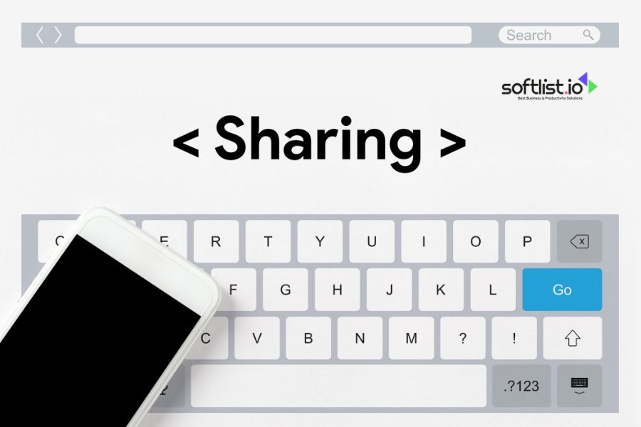 Keyboard with "Sharing" text, showing a mobile phone and "Go" button.