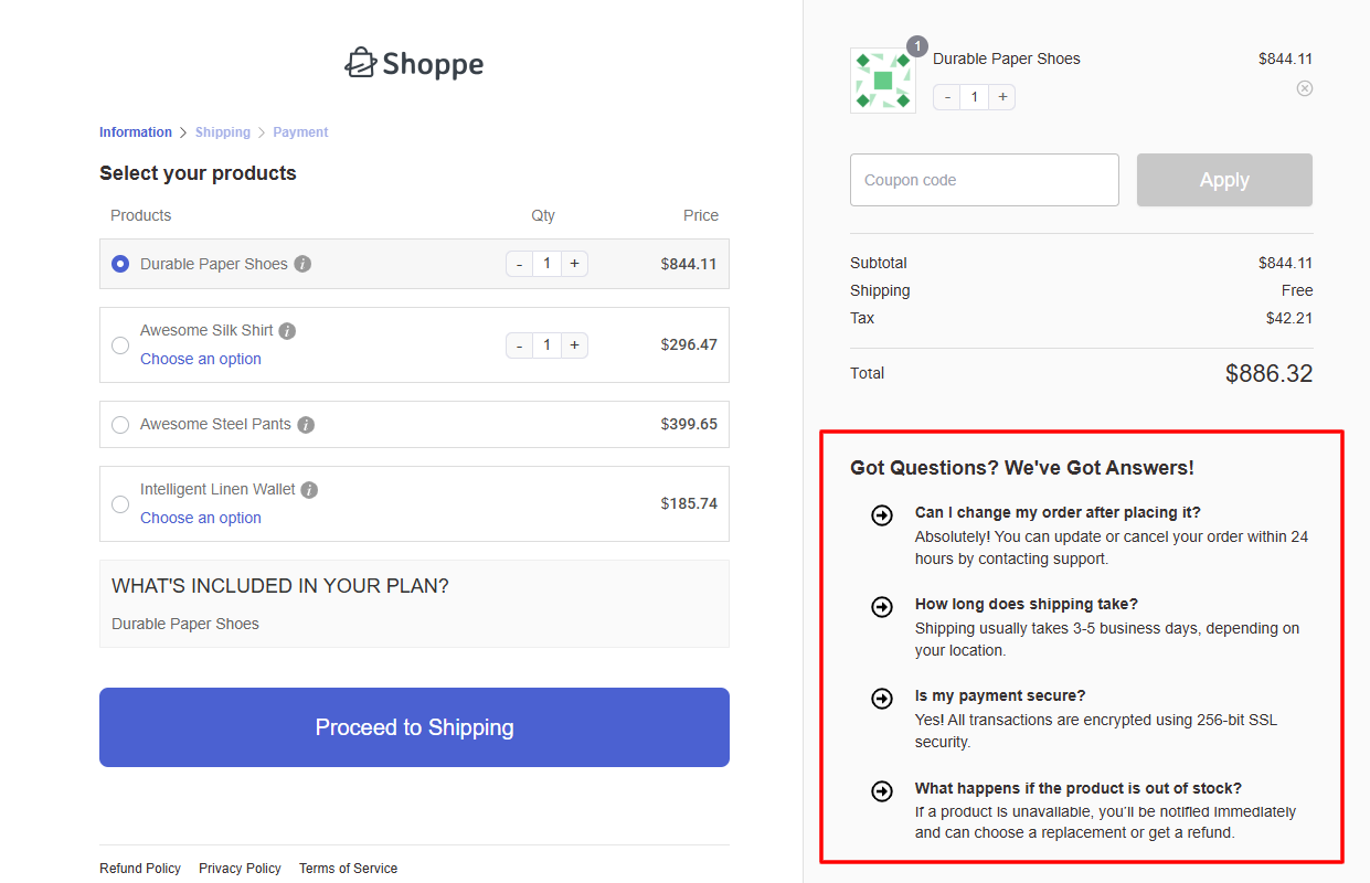 Display FAQs near the order form