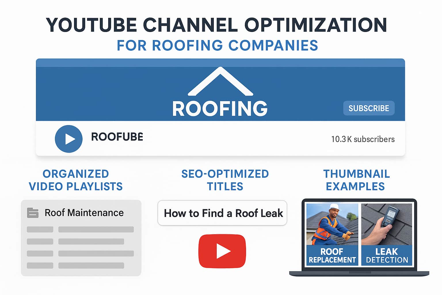 YouTube channel optimization guide for roofing companies showing SEO best practices and lead generation setup.