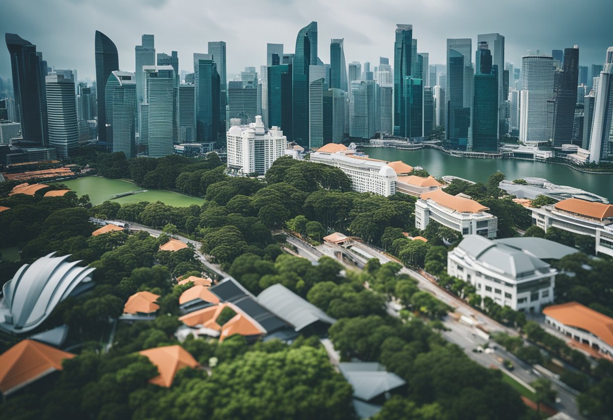 A bustling cityscape with modern skyscrapers and lush greenery, showcasing the vibrant and diverse culture of Singapore