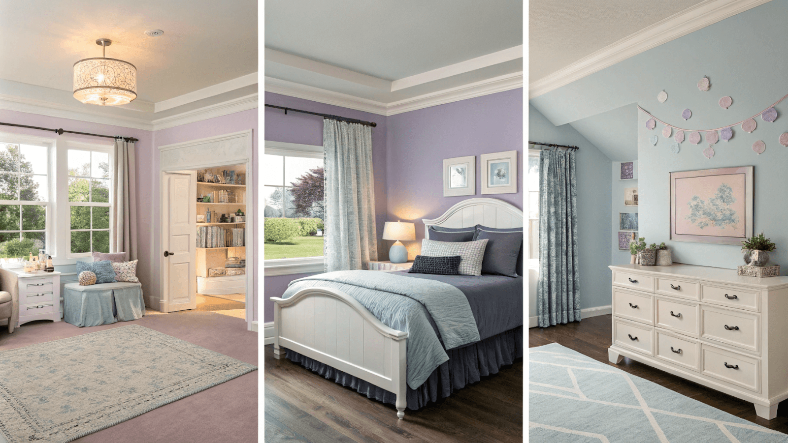 Series of three bedroom photos showing different peaceful color schemes