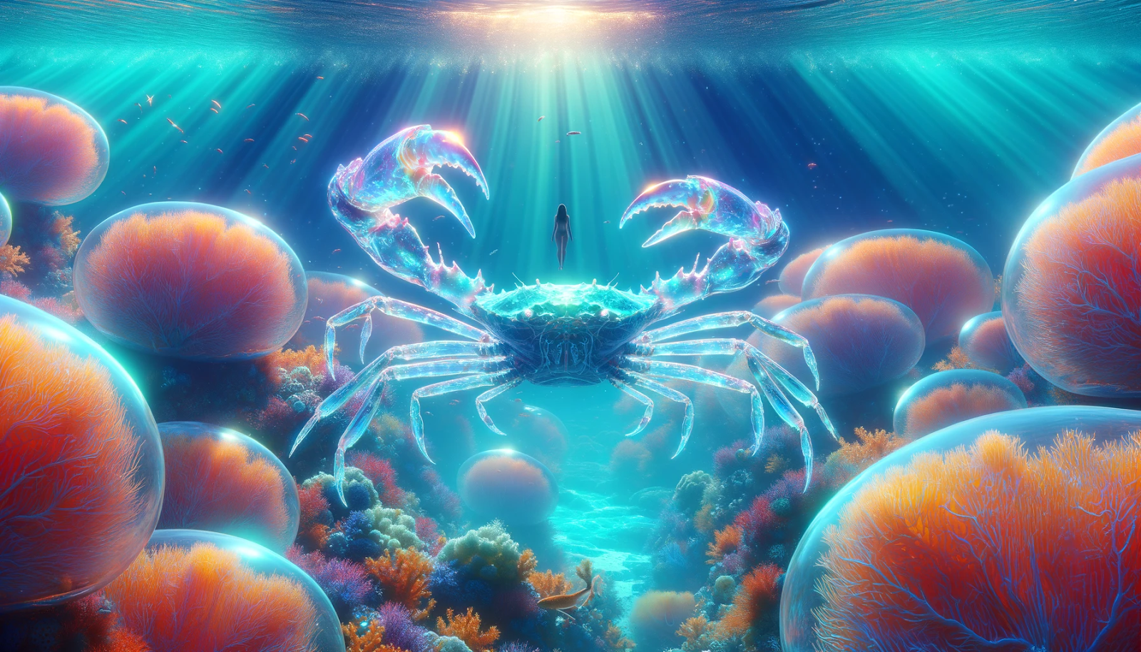 A magical underwater world where a person floats above a coral reef, encircled by luminous, otherworldly crabs with iridescent shells. The scene is filled with vibrant marine life and softly diffused sunlight filtering through the water.