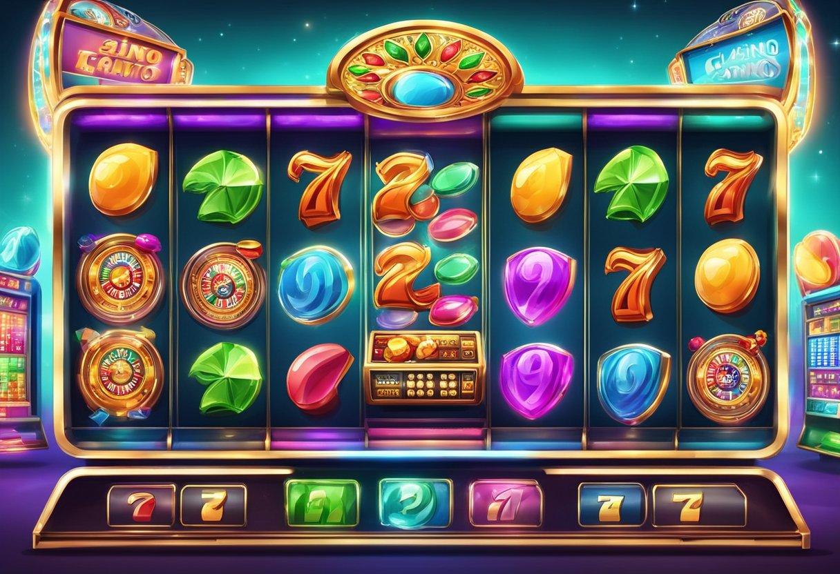 Colorful casino slot machines with flashing lights and exciting bonus features. Promotional banners and signs displayed throughout the vibrant, bustling casino floor