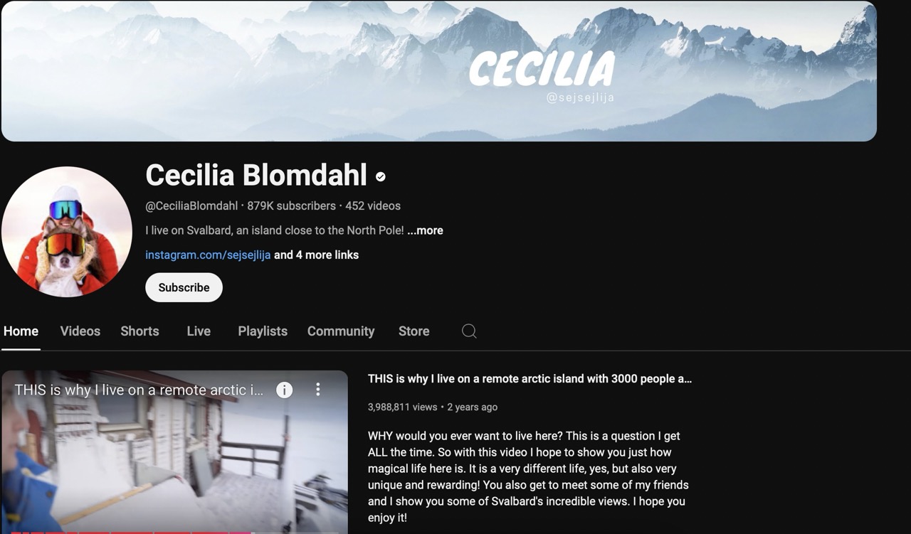 A screenshot of  one of the female YouTubers Cecilia Blomdahl homepage