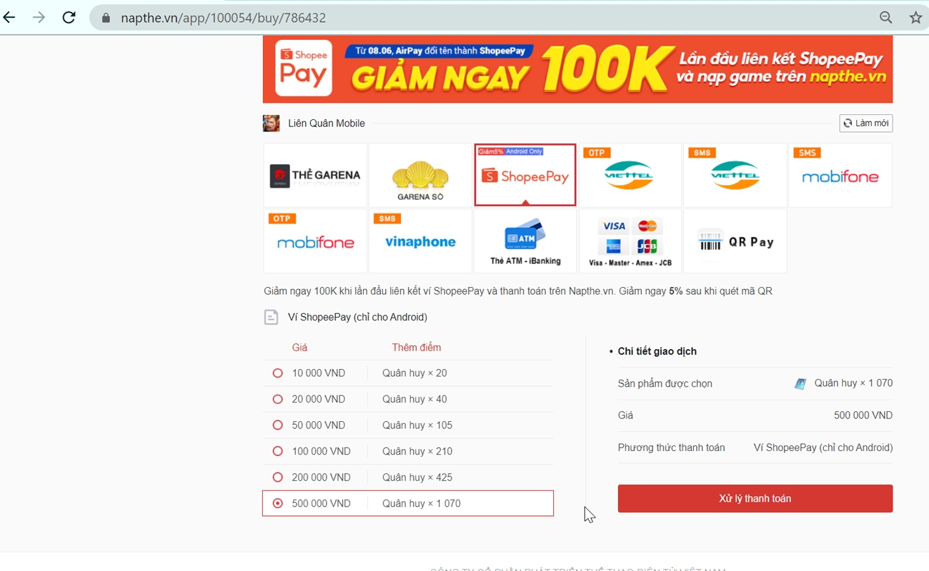 Thanh toán nạp thẻ Garena Free Fire bằng Shopee Pay