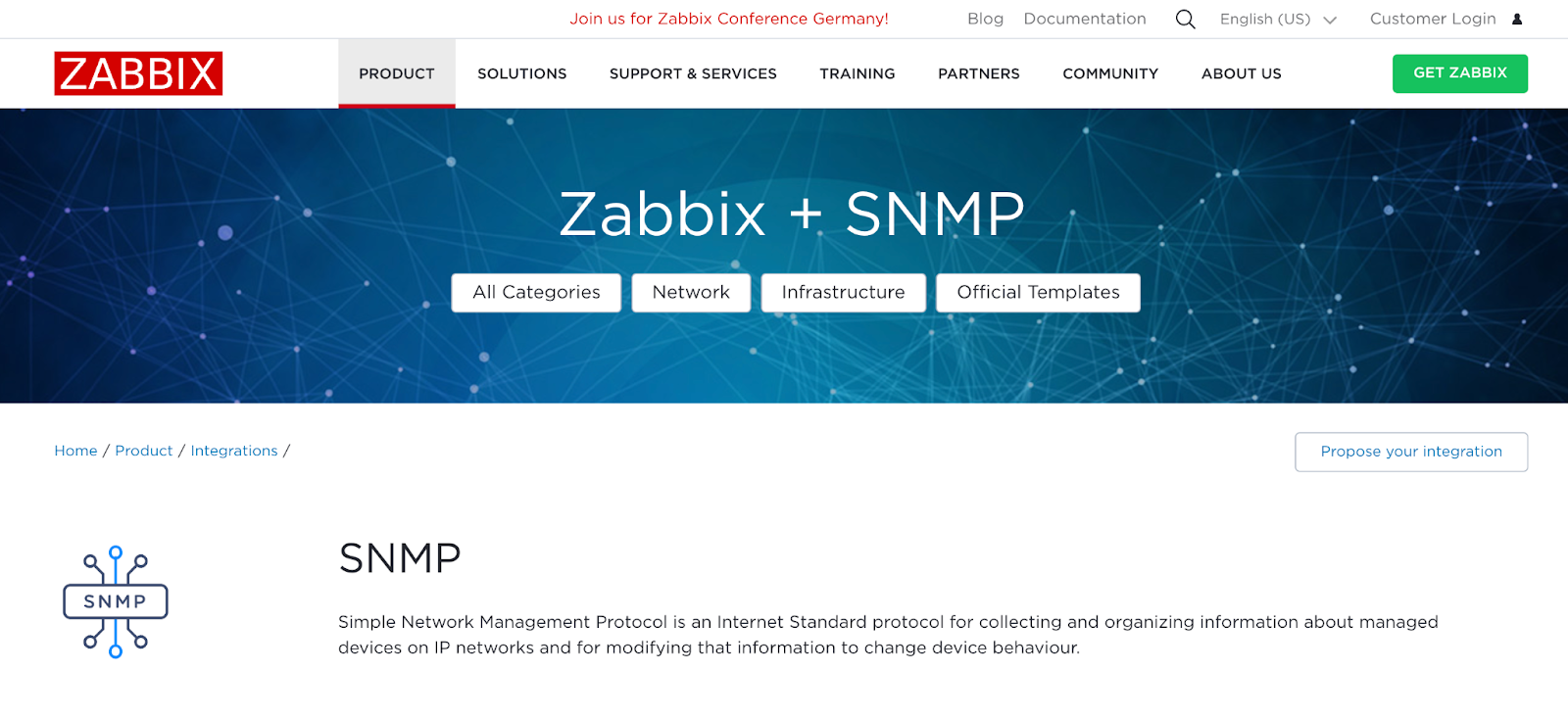 Zabbix homepage picture. It says, "Zabbix + SNMP>"