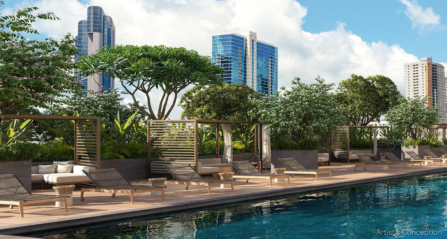A pool with trees and a building in the background

AI-generated content may be incorrect.
