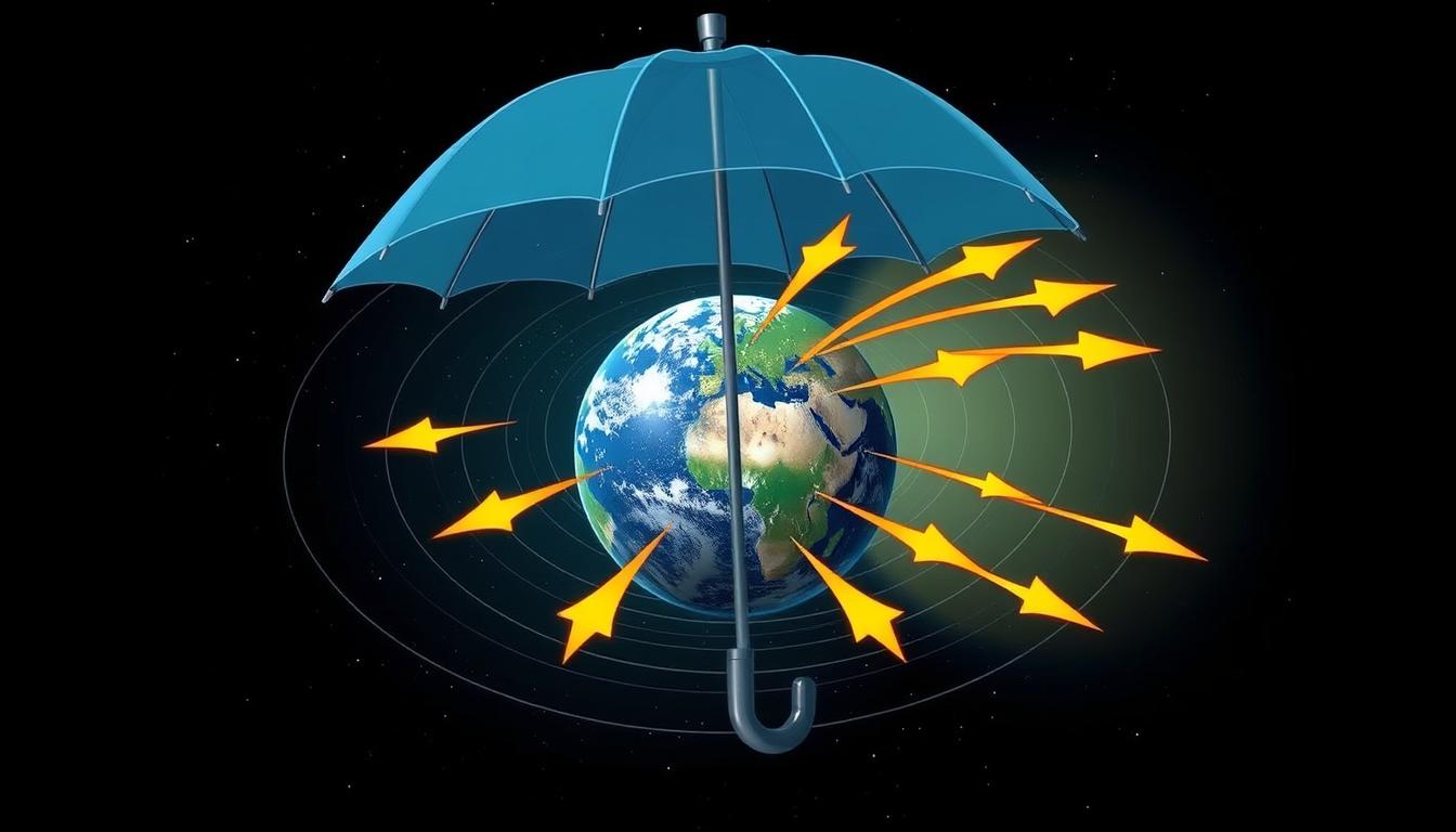 Illustration comparing Earth's magnetic field to a protective umbrella shielding against solar radiation
