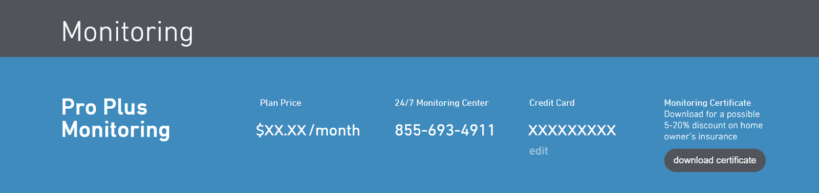 A snapshot of the SimpliSafe® Web App that shows Monitoring, with the Plan Name, Plan Price, and an option to download a monitoring certificate.