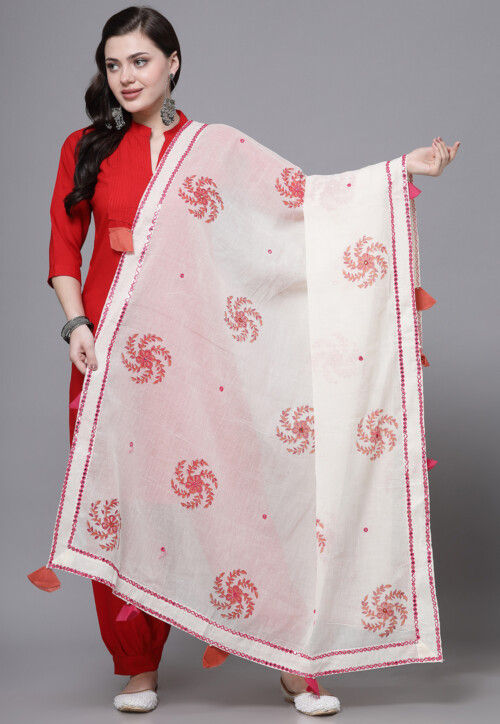 Block Printed Pure Cotton Dupatta in Off White