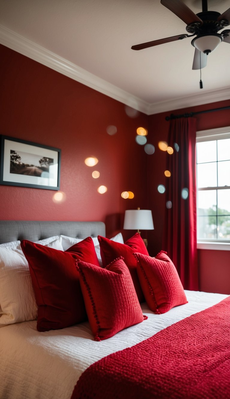 A cozy red bedroom adorned with scarlet throw pillows, creating a warm and inviting atmosphere