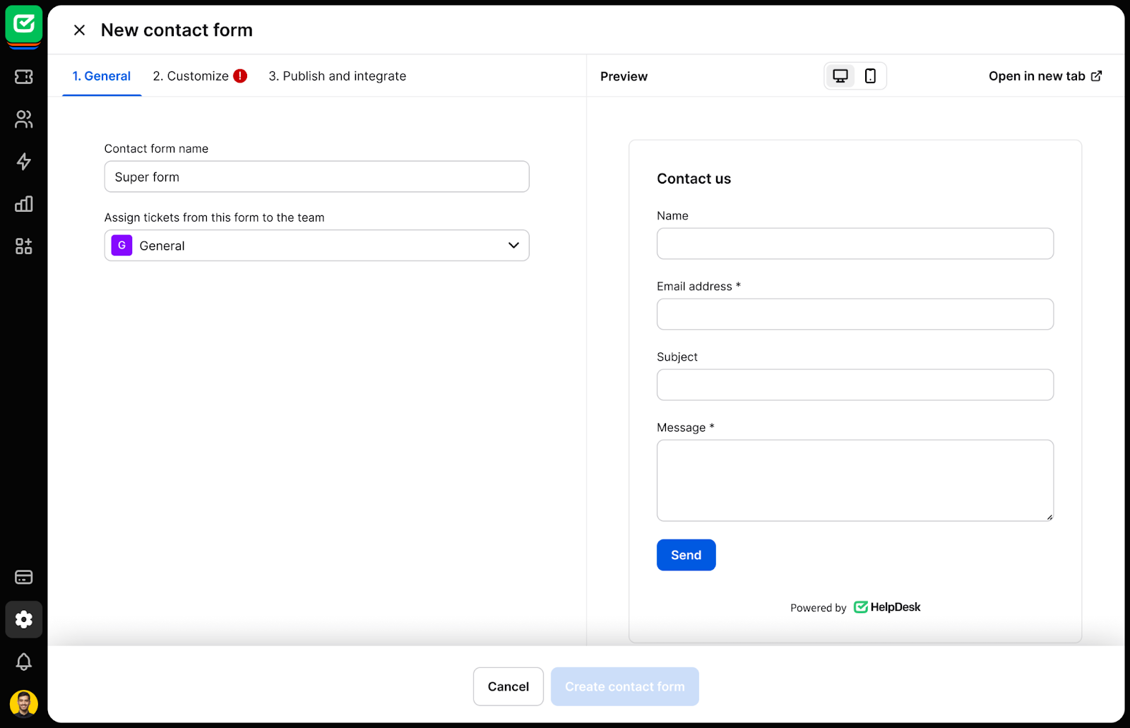 Naming the contact form and assigning a team.