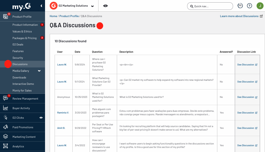 my.g2 q&A discussions