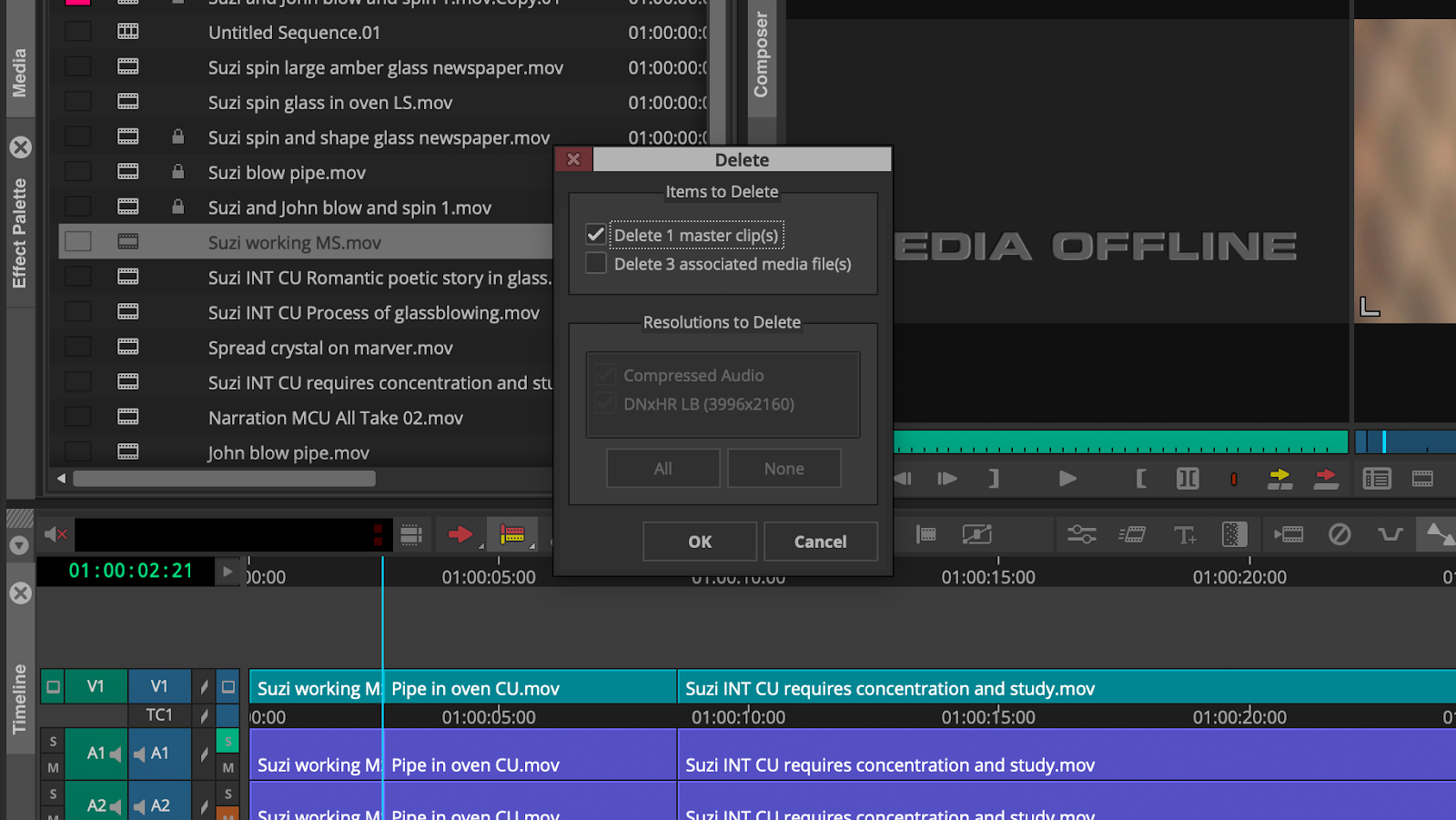 Delete dialog box. In the Items to Delete area, the Delete 1 master clip(s) check box is selected, and Delete 3 associated media files is not selected. In the Resolutions to Delete area, the Compressed Audio and DNxHR LB check boxes are selected and grayed out; the All and None buttons are also grayed out. At box bottom are OK and Cancel buttons.