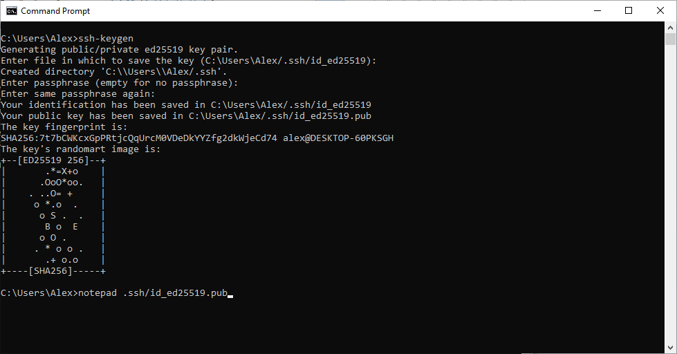 Screenshot of running notepad command to open up the SSH public key