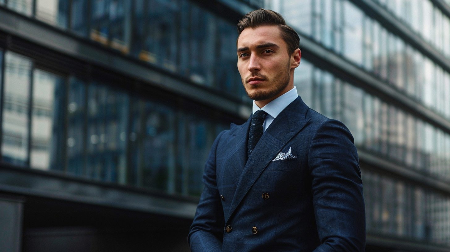 A man dressed in a structured navy blue double-breasted suit with bold lapels and two rows of buttons. He poses against a modern building facade, conveying power and sophistication.