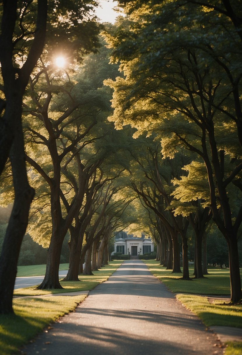 A long driveway lined with tall, leafy trees leading up to a picturesque house, with the landscape carefully designed and maintained