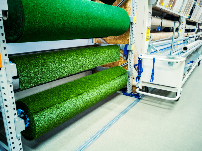 Rolls of artificial grass carpet displayed on industrial shelving in a store or warehouse.