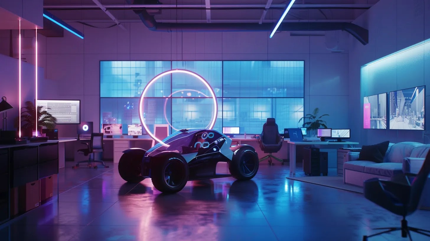 a futuristic brand identity design workshop, filled with vibrant digital screens showcasing sustainable and inclusive design concepts, illuminated by soft, ambient lighting that highlights the innovative atmosphere.