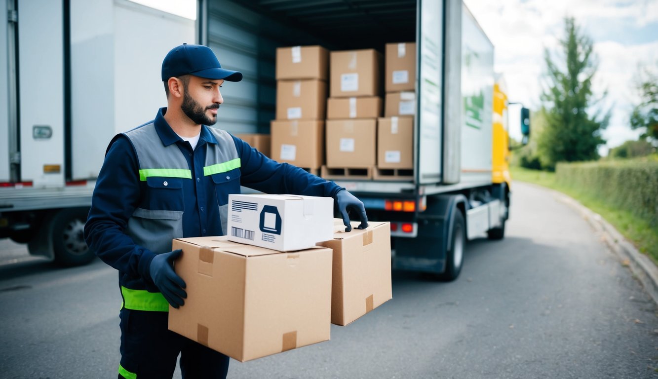 A delivery driver carefully packages a product, scans it, and places it in a secure container before loading it onto a delivery truck