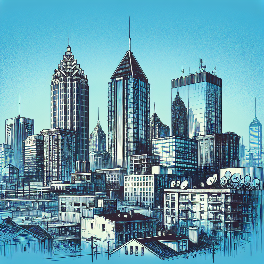 Downtown Atlanta's Skyline showing commercial buildings, condos and real estate. Blue background