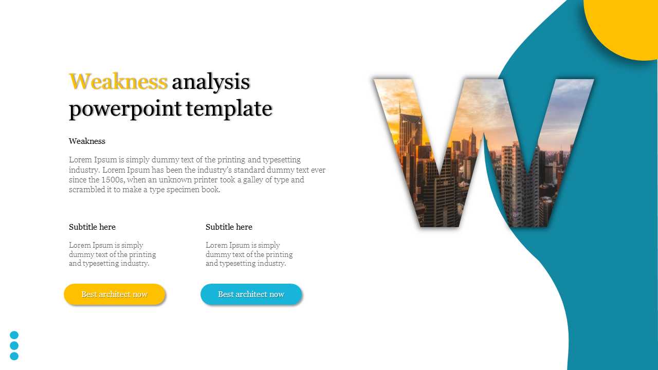 Weakness analysis PowerPoint template with a bold 'W' featuring a cityscape, teal and white design, and space for text and buttons