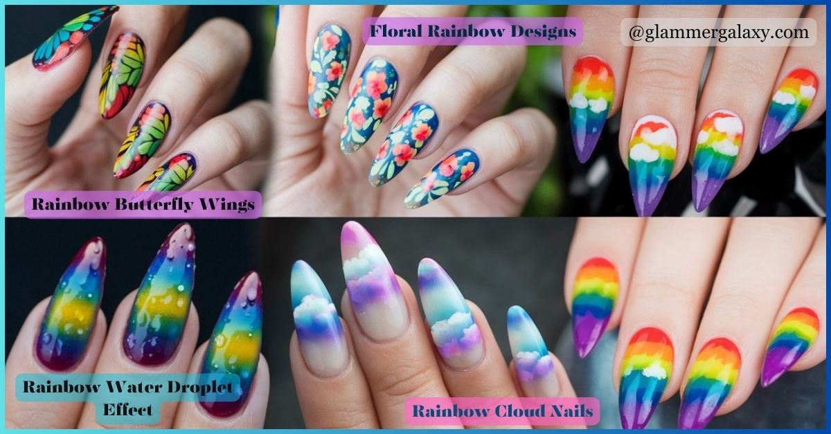 Assortment of nail art designs featuring vibrant rainbow colors and various patterns like butterflies and flowers.