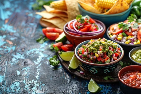 A vibrant display of Mexican dips including guacamole, salsa, and pico de gallo, accompanied by lime wedges, tortilla chips, and fresh vegetables
