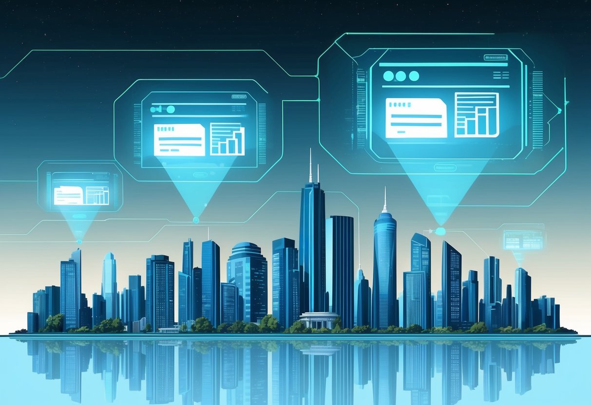 A futuristic city skyline with holographic website cost breakdowns projected in the air