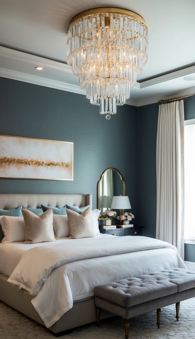 A luxurious master bedroom with a statement chandelier as the focal point, featuring elegant and romantic decor for couples