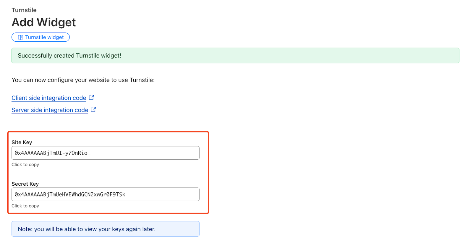 Copy Site Key and Secret Key