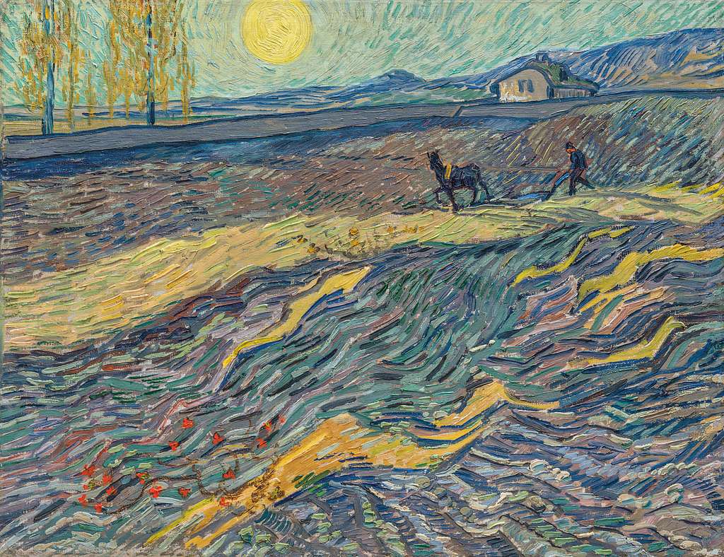 Van Gogh's Laboureur dans un champ (1889) featuring a plowman in a sunlit field  