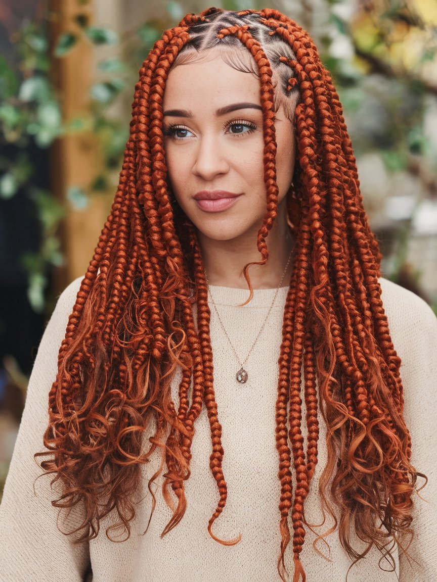 27. Bold Red Bohemian Braids with Curls