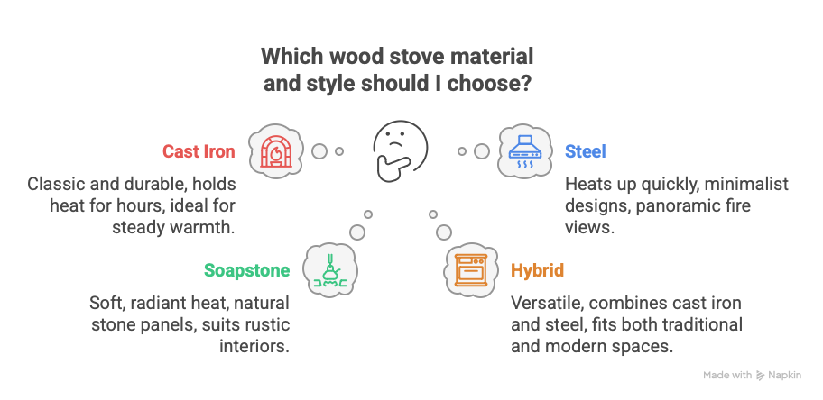 Which wood stove material and style should I choose?